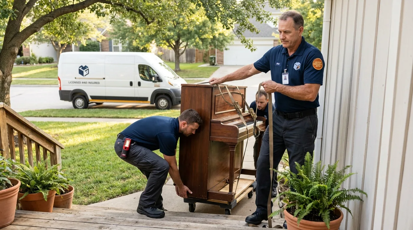 Licensed piano movers securing grand piano in Saint George, UT