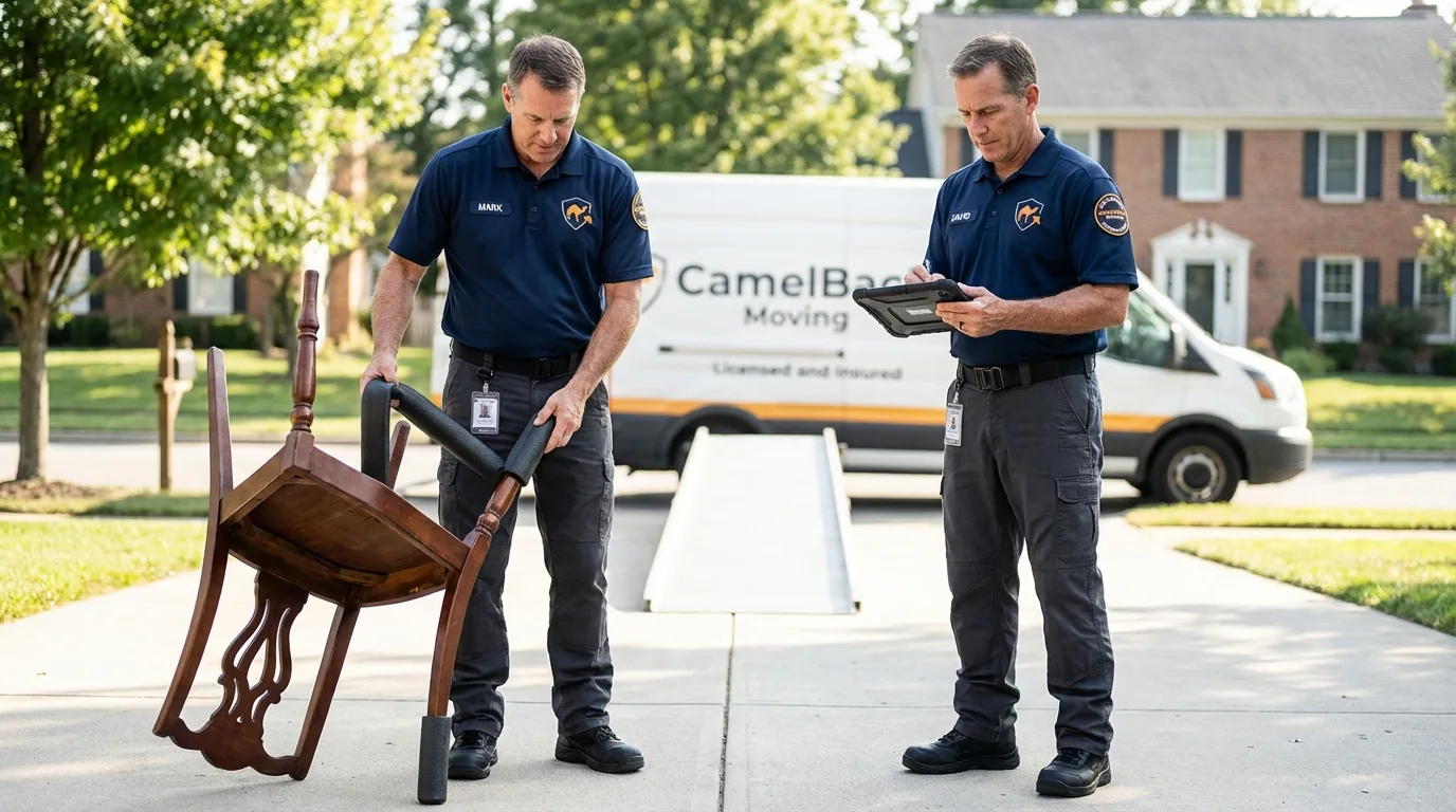 Movers inspecting furniture for damage prevention before loading in Saint George, UT