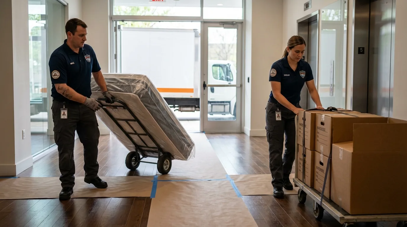 Professional apartment movers loading elevator in Saint George, UT