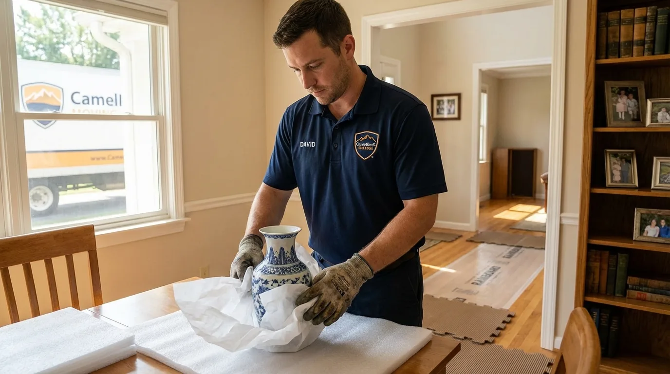 Professional crew carefully wrapping antique vase for senior downsizing move in Saint George, UT